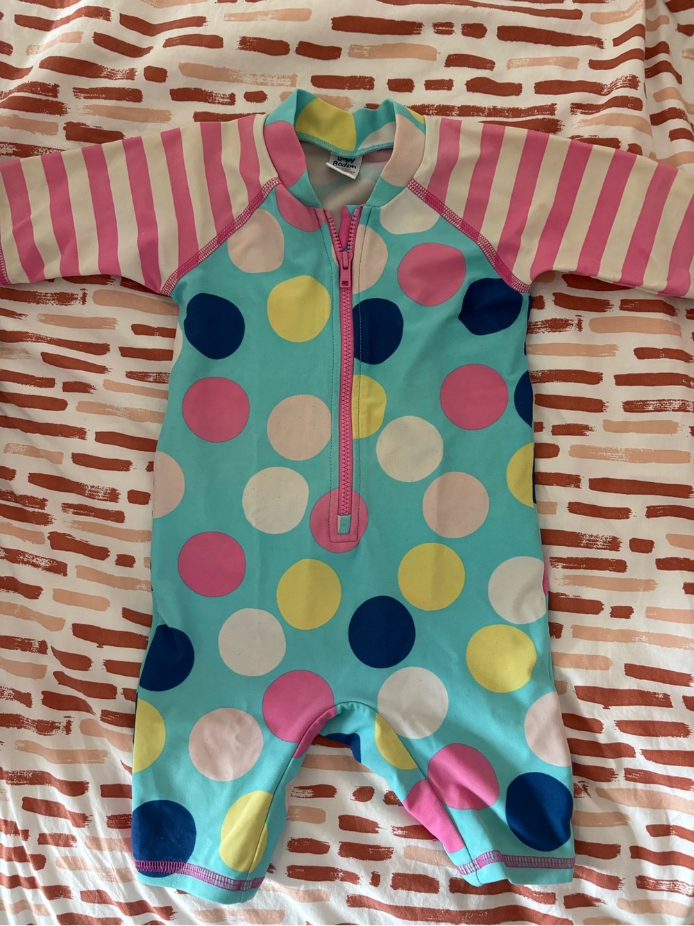 Baby Boden Polka Dot Zip One-Piece Swimsuit - Aqua with Pink Sleeves 6-12 month